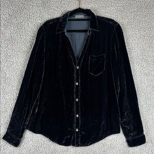 CP SHADES Collared Long Sleeve Button Down Black Velvet Velour Top Size S